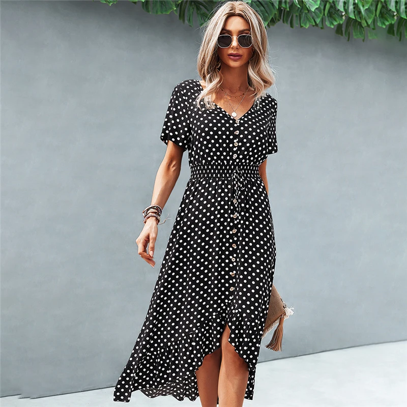 

Ladies Vintage Dot Polka Print Summer Dress Women Casual V neck Midi Party Holiday Sundress Women Beach Dress Female Vestidos
