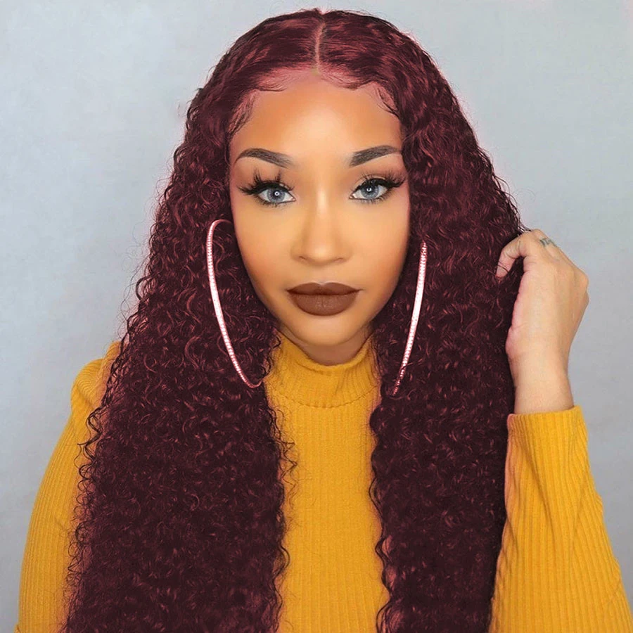 

Dark Wine Kinky Curly Glueless 26 Inch Synthetic Lace Front Wig For Black Women Babyhair Preplucked Cosplay Daily Middle Part
