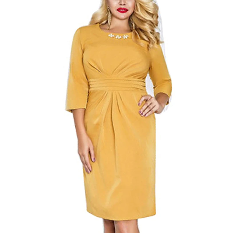 Женское платье-карандаш, осень, расшитое бисером, однотонное, Vestidos, на молнии, длиной до колен, Офисная ткань, размера плюс, женское платье, 4XL, 5XL, 6XL