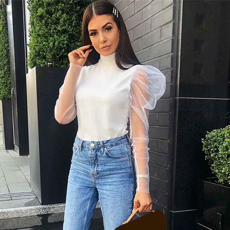 Style F Женская черная блузка модные сетчатые рубашки сексуальные v-образным вырезом прозрачные однобортные рубашки с буфами на рукавах женские блузки Топы - Цвет: Style F