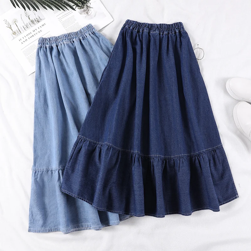 Summer Saia Female A-Line Long Denim Skirt Pockets Women High Waist Midi Jeans Skirts Dark Blue Light Plus Size | Женская одежда