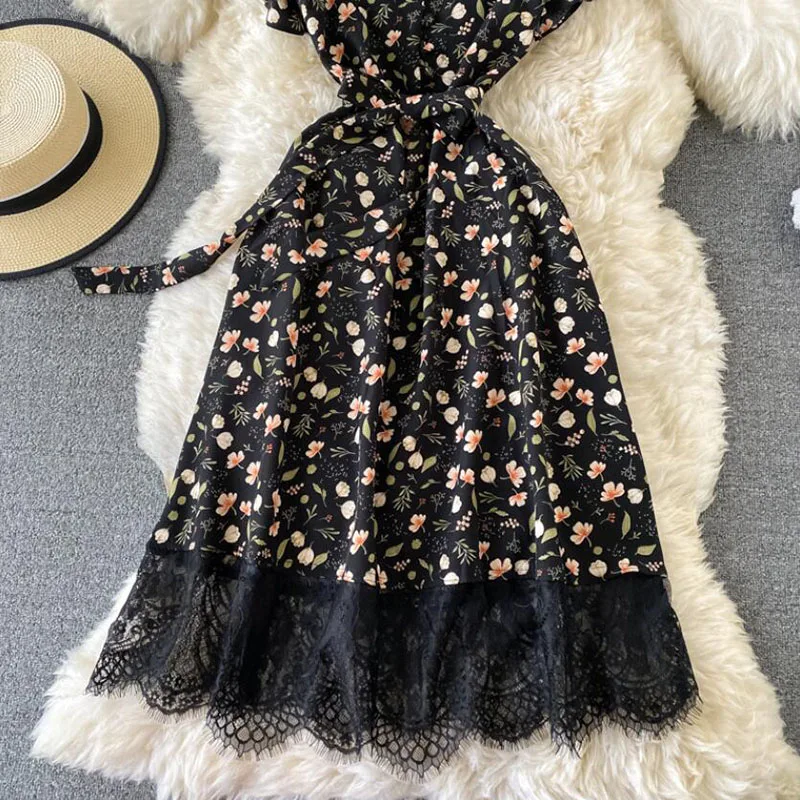 

2021 Elegant V Neck Floral Print Chiffon Dress Summer Short sleeve Bandage Slim Lace Stitching Women Mid-calf Dress