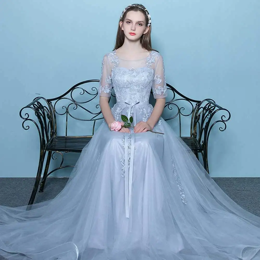 

Cheap Evening Dresses Short Lace Sleeves Applique Tulle Party Prom Gowns Floor Length A Line Modest Maid of Honor
