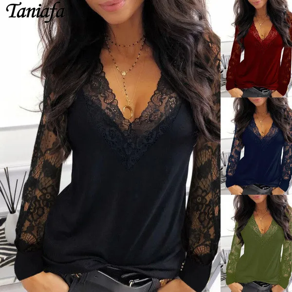 

2021 New Fashion Women Hollow-out Lace Stitching V-Neck Long Sleeve Blouse Female Solid Color T Shirts Ladies Plus Size Tops