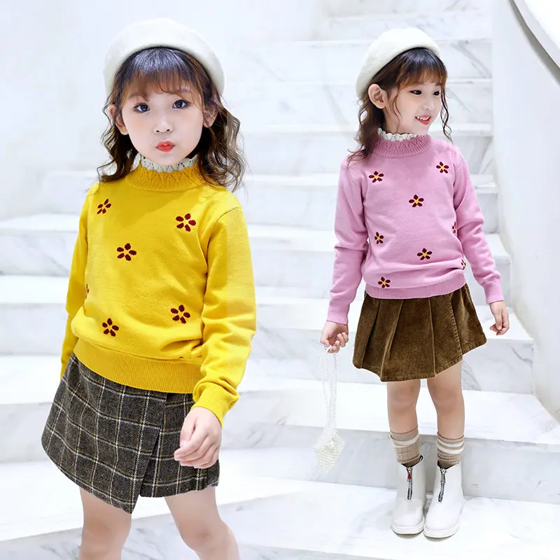 Осень-зима 2019 свитера с кружевным воротником для девочек детская одежда милый