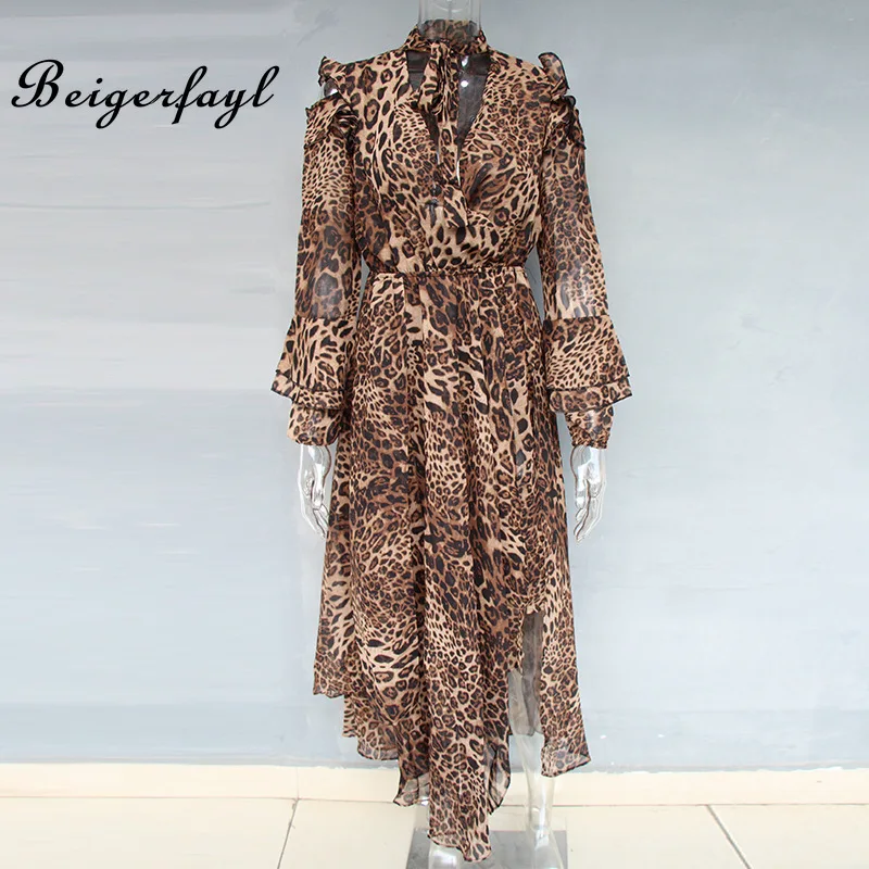 Beigerfayl Leopard Print Chiffon Gepard Dress 2019 Autumn New Fashion Design V Neck Long Sleeve Cheetah Dresses TDR17138 Женская