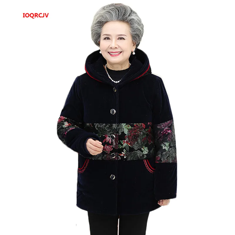 Женский пуховик среднего возраста, хлопковая куртка, зимняя, народная, свободная, бархатная, теплая, хлопковая куртка, плюс размер, верхняя одежда с капюшоном, W1375