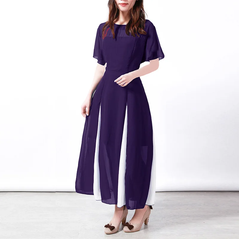 

Spring New Women's Clothing Round Neck Bat Short Sleeve Waist Waist Color Matching Long Skirt Chiffon Female Dress