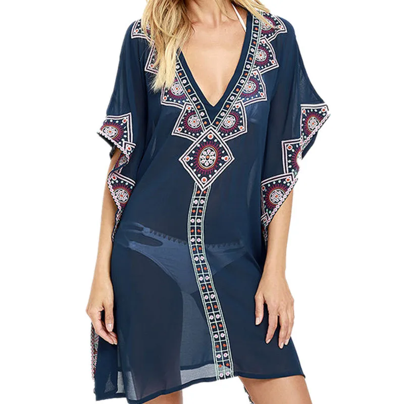 Шифоновая пляжная туника с вышивкой коротким рукавом |