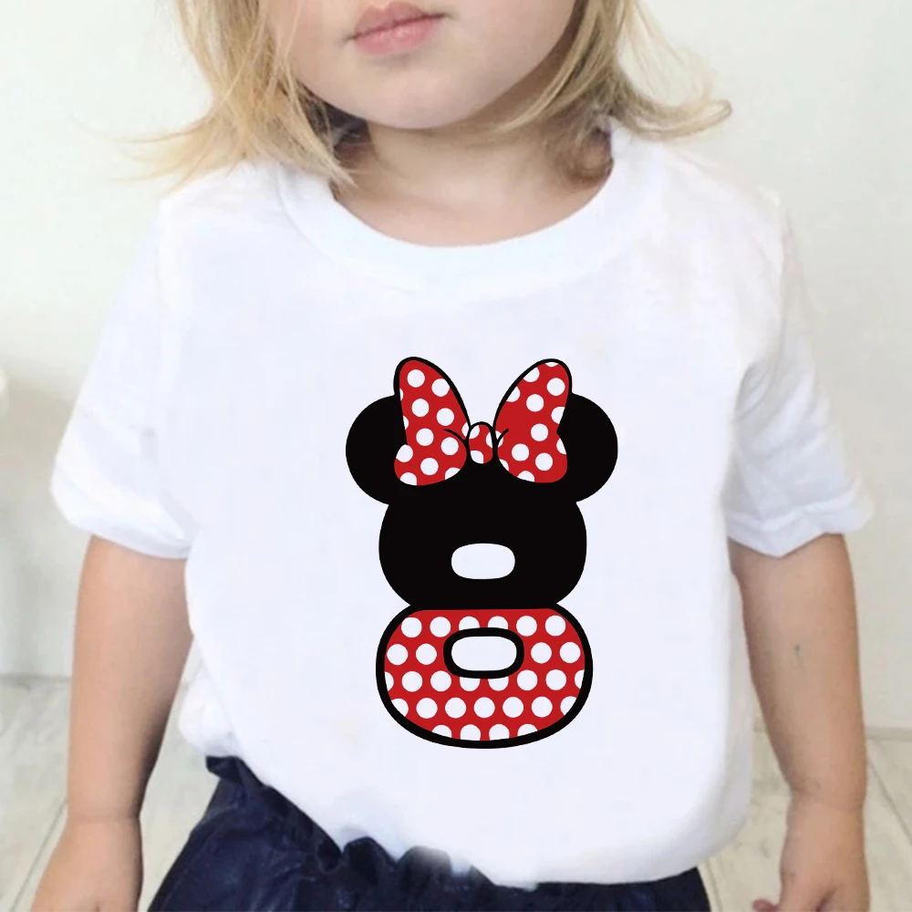 Disney Minnie Mouse Birthday Girl Clothes Party Cartoon T Shirt For Child T-Shirt Number 0 1 2 3 4 5 6 7 8 9 Bow Graphic Kid Tee