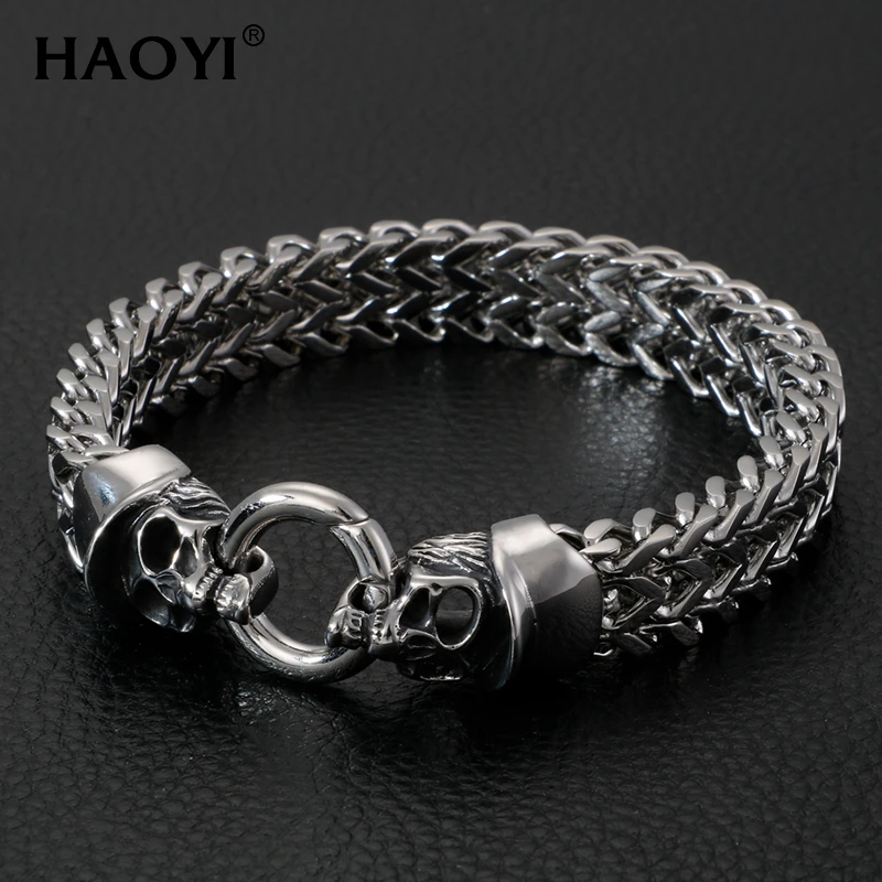 

12mm Gothic Double Skull Bracelet For Men 316L Stainless Steel Heavy Shiny Skeleton Charm Link Chain Mens Bracelets Male Jewelry