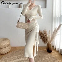 chic drawstring knit dress for woman elegant fall 2021 v neck long sweater dresses party apricot slim waist knitwear clothing