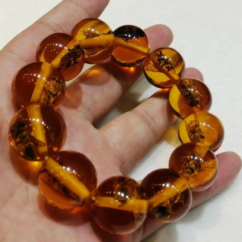 

Natural Baltic Insect Amber Elastic Bracelet Men Women Fine Jewelry 18mm Honey Wax Amber-beads Beaded Bangles Amulet Bracelets