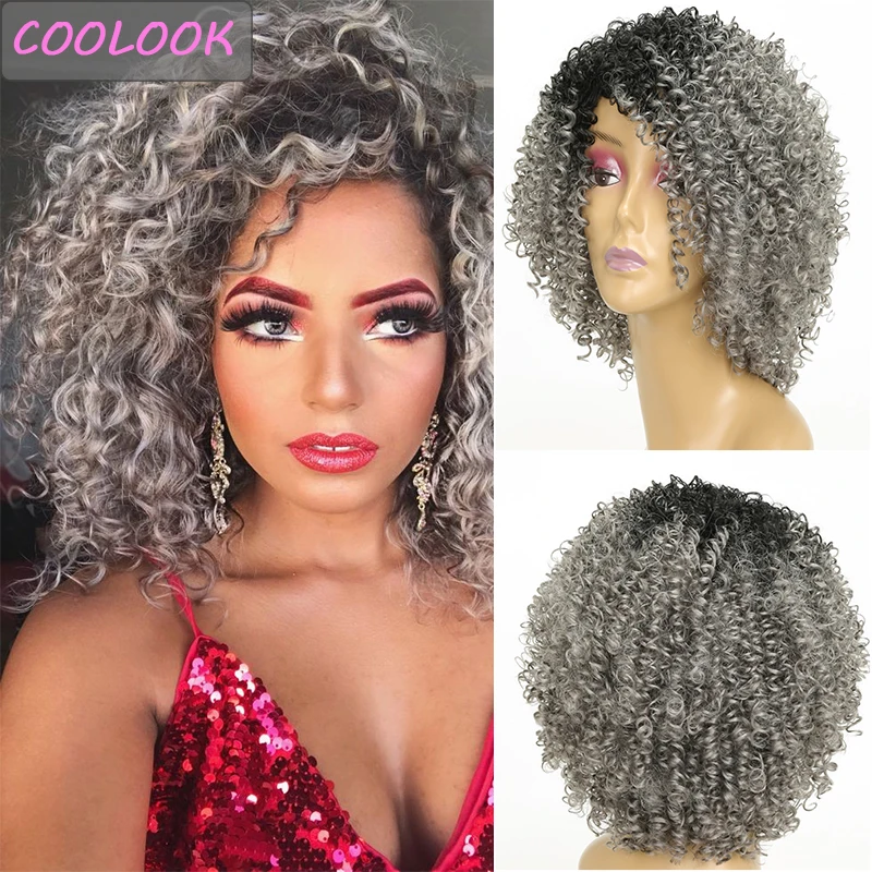 

Ombre Gray Afro Kinky Curly Wigs for Women 15inch Short Bob Deep Curly Wig Naural Synthetic Female False Hair Cosplay Lolita Wig