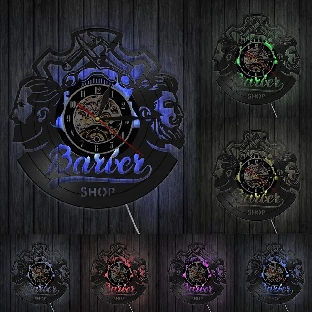 Barber Shop Logo Hair Salon Decor Vintage Vinyl Record Wall Clock Accessories Hairdresser Sign Decorative Watch | Дом и сад