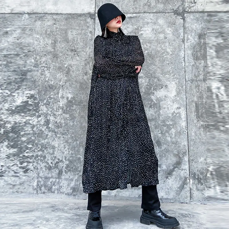 XITAO Plus Size Pleated Dot Chiffon Dress Women Clothes 2020 Spring New Fashion Korean Single Breasted Elegant DMY3150 | Женская одежда