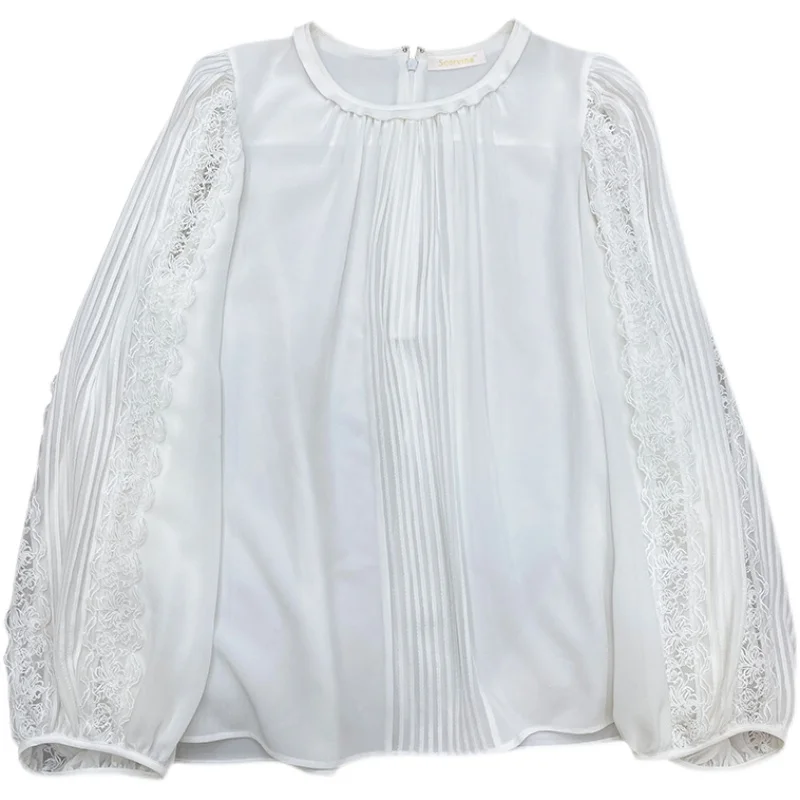 

100%Silk Blouse Shirt 2021 Spring Summer Fashion Tops Women O-Neck Appliques Embroidery Lace Patchwork Long Sleeve Loose Tops