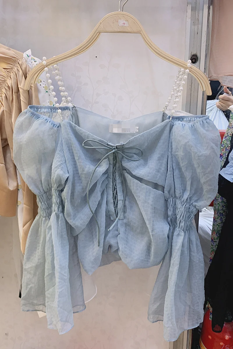 

Elegant Pearl Sexy Suspender Blouse Female 2021 New Long Sleeve Drawstring Off Shoulder Shirt Chiffon Blusas for Women Crop Tops