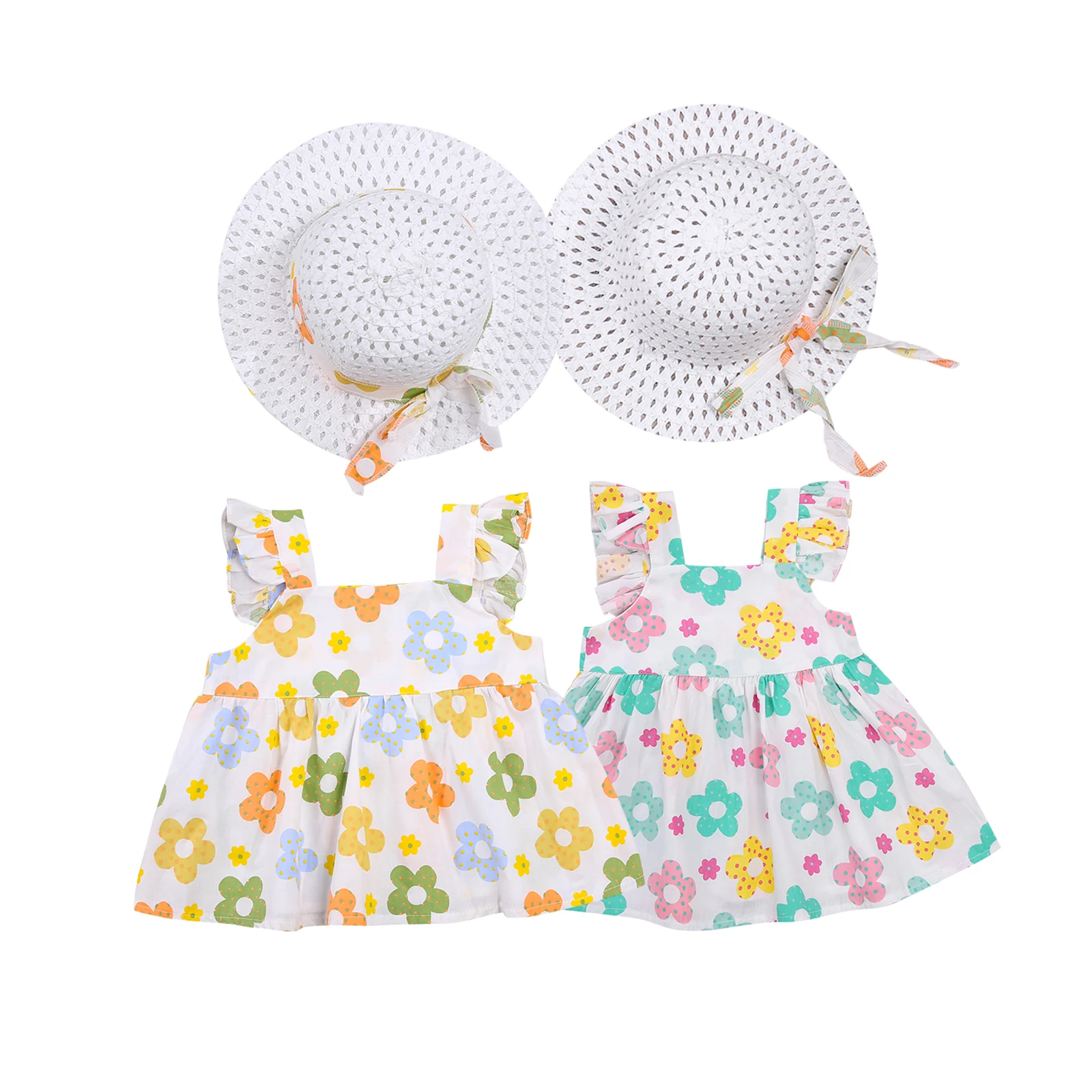 

Kids Dress With Cap Girls Flower Print Square Neck Fly Sleeve One-Piece+ Bucket Hat for Summer Baby Clothes Sets Girl Dresses