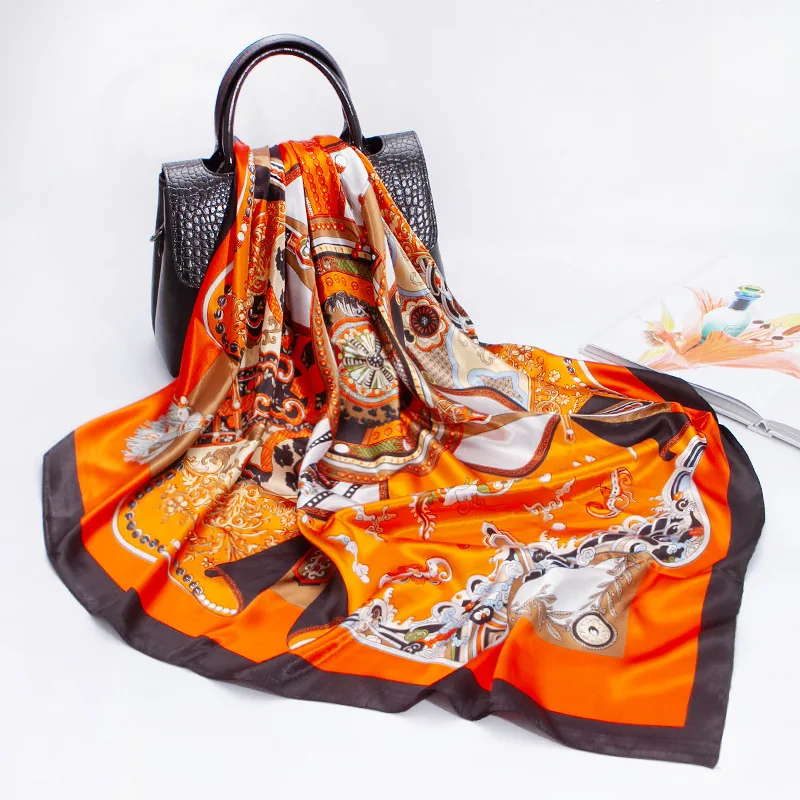 Шелковый шарф женский весенний с имитацией шелка 90 см фиолетовый атласный