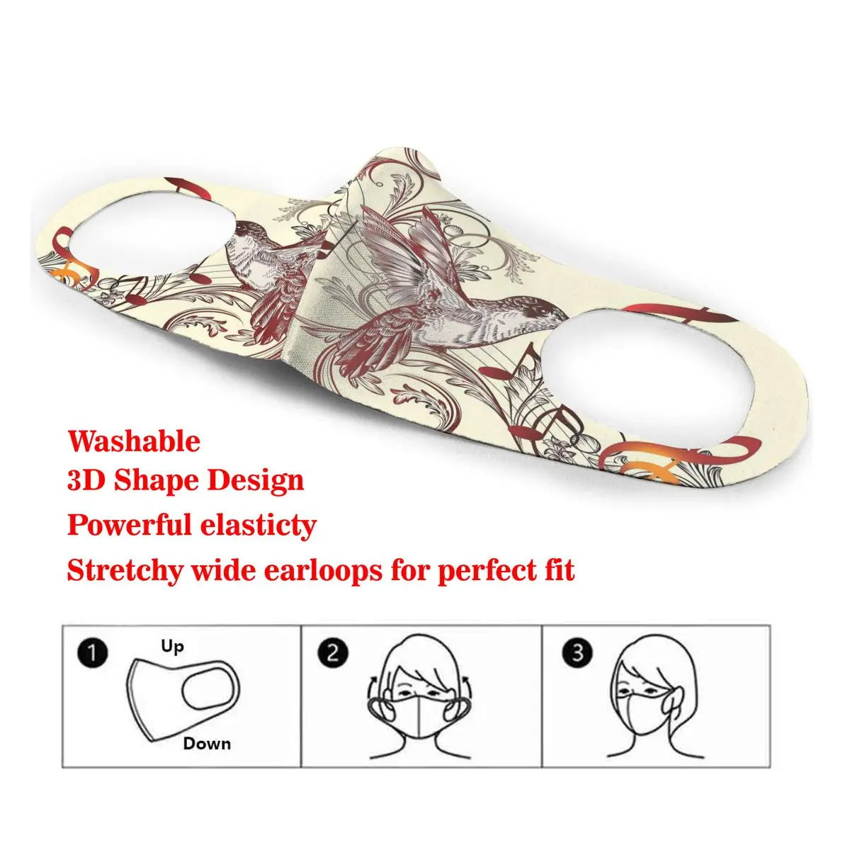 

Hummingbirds And Music Notes Clef Five Line Washable elastic Earloop Face Breathing Mask Reusable Anti Dust Cotton Mouth Adults
