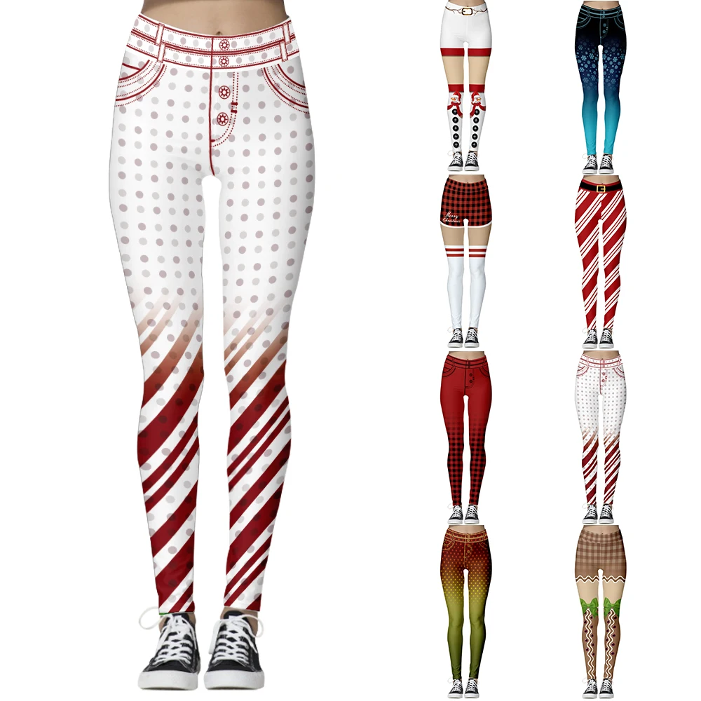 

Женские спортивные Леггинсы с высокой талией, рождественские Эластичные Обтягивающие леггинсы для фитнеса с цифровым принтом и эффектом п...