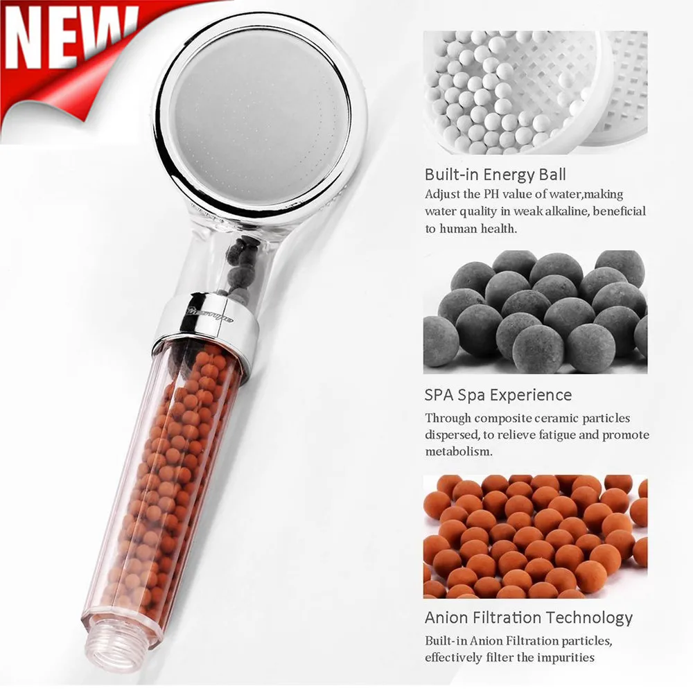 

Showerhead Steel +Plastic Handheld Shower High Pressure Boosting Water Saving Healthy Negative Ion Filter Balls Beads Bathroom