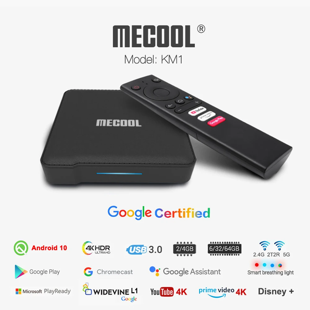 ТВ-приставка Mecool KM1 Deluxe сертифицированная Google Android 10 Amlogic S905X3 TV Prime Video 4K двойной Wi-Fi
