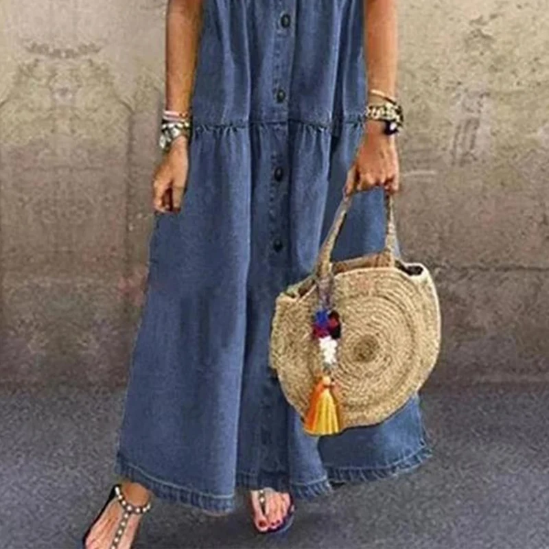 

Women Loose Pockets Denim Dress 2021 Summer Retro Short Sleeve Turn Down Collar Button Shirt Dress Long Dresses