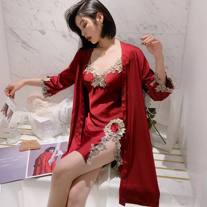 

New Women Sexy Silk Cami Nightgowns Sleepshirts Beautiful Lace Robe Two-Piece Pajamas Spring Home Clothes With Chest Pads