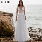 JEHETH женское пляжное свадебное платье в стиле бохо с длинным рукавом, богемное платье А-силуэта с V-образным вырезом, свадебные платья до пола белого цвета слоновой кости