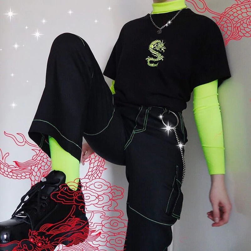 สไตล์จีน Harajuku Vintage สีเขียวมังกรเสื้อยืดผู้หญิงแขนสั้น Tees Tumblr เสื้อผ้าผ้าฝ้ายมังสวิรัติ Gothic Punk เสื้...