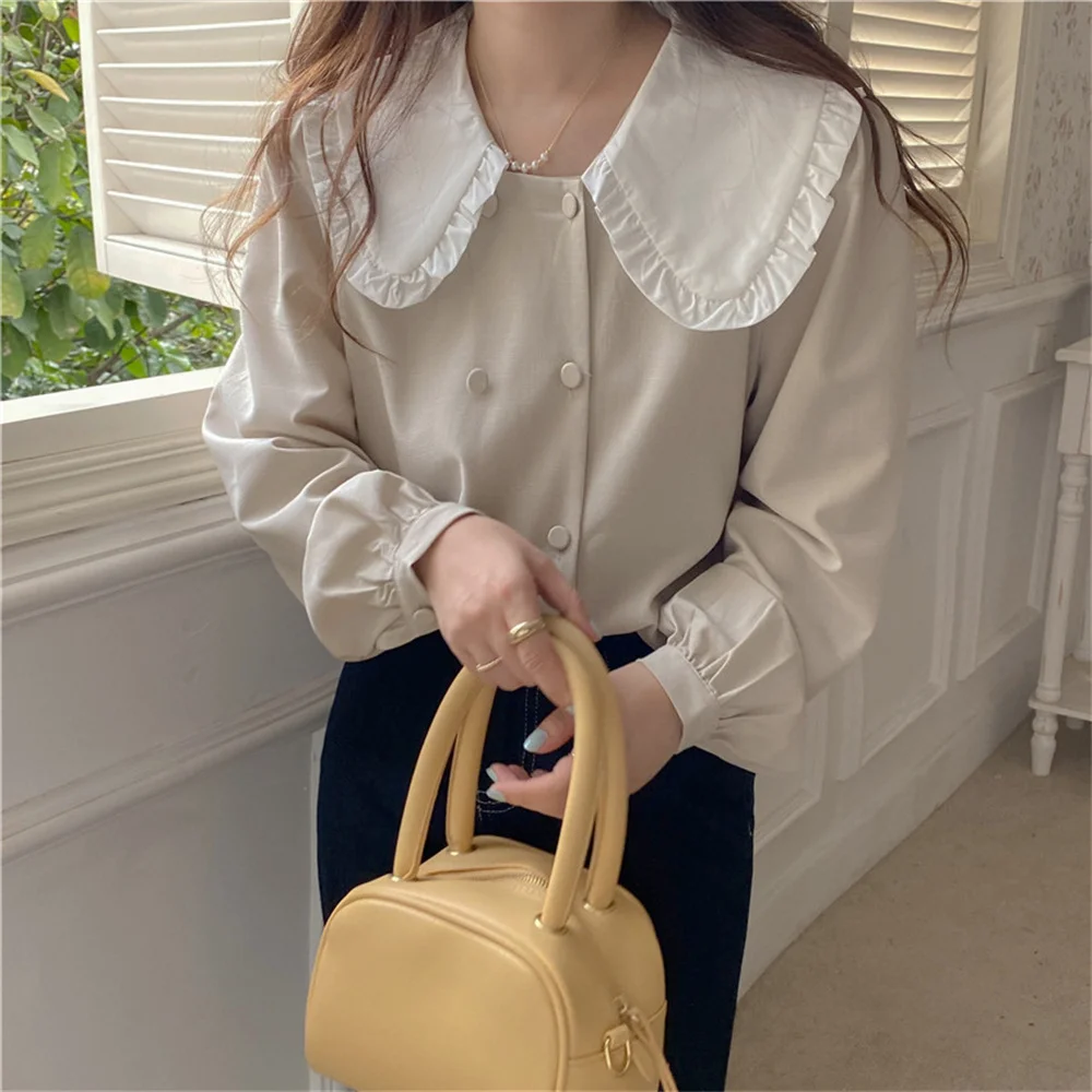 

Рубашка Alien Kitty Женская с воротником «Питер Пэн», милый двубортный топ в офисном стиле, модная уличная одежда, осень 2021