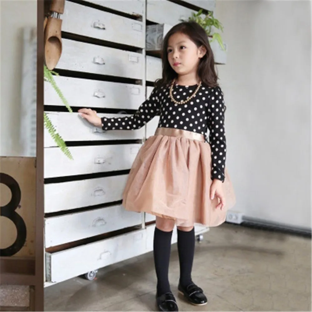 2019 г. Осенне-зимнее платье для девочек платья в горошек с длинными рукавами