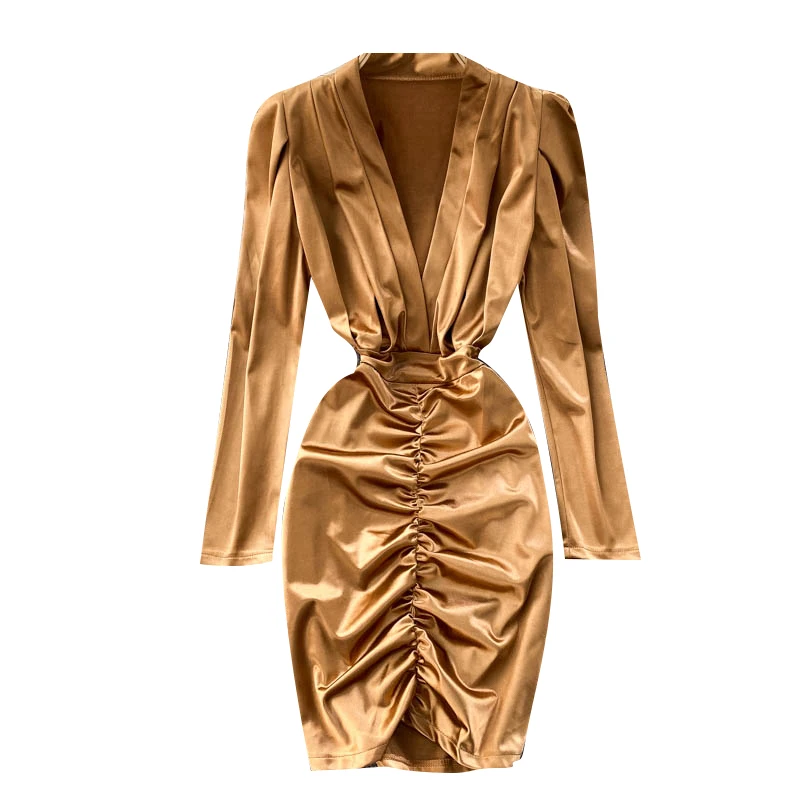 

Party Dress Europe Style Gold Color Shine Private Feminine Deep V-Neck Pleated Slim Fit Short Mini Vestidos Female GX95