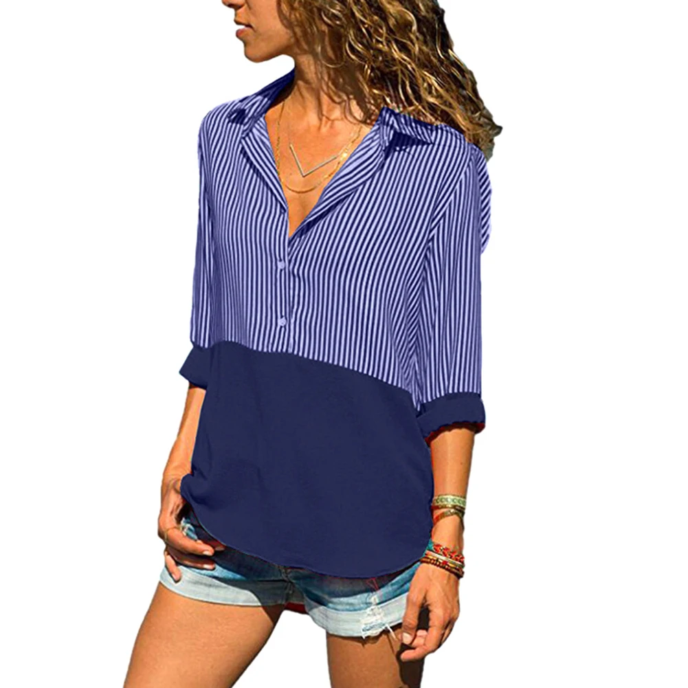 

Pop Women Striped Shirts Long Sleeves Patchwork Pullover Loose Casual Tops For Autumn Pop 88