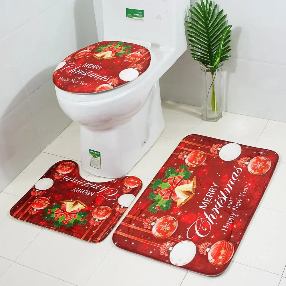 

Zeegle Christmas Decoration Bathroom Mat Set Flannel Bathroom Floor Rugs Absorbent Toilet Seat Cover Bathroom Carpet Bath Mats