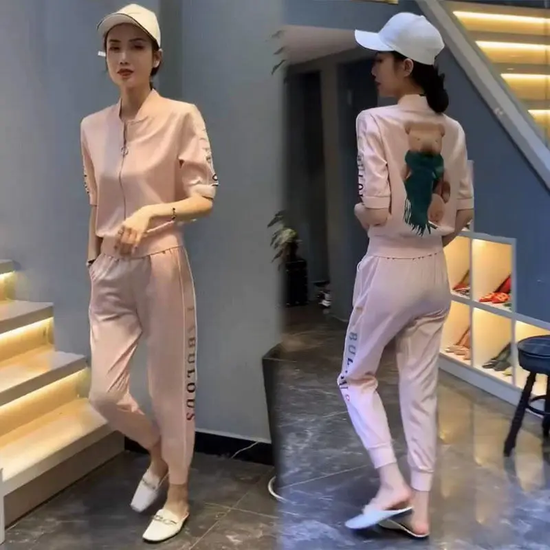 

2021 spring and summer new casual suit women's short sleeve coat letter necked Leggings age reduction two piece set