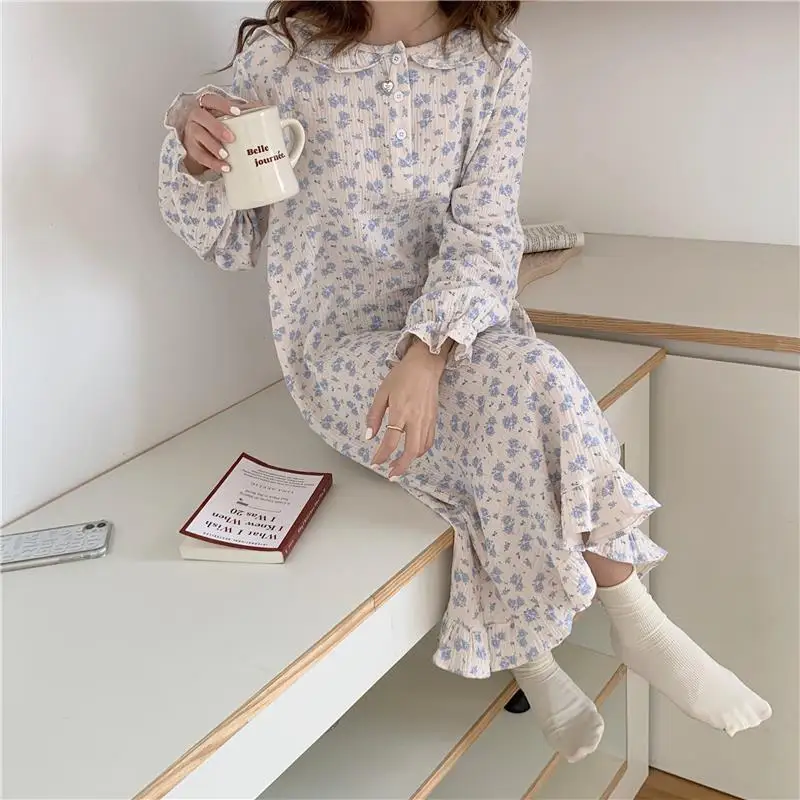 QWEEK Cotton Sleepwear Women Chinese Style Nightie Floral Print Long Nightgrown Autumn White Fairy Dress Nightwear Dressing Gown