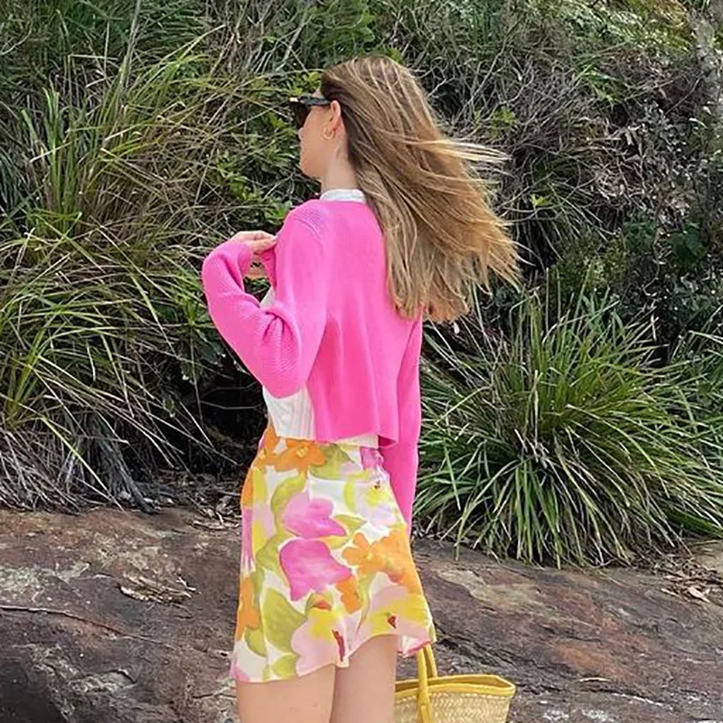 

Spring Flower Women Skirts Prairie Style A-Line High Waist Side Zip Floral Printed Green Sweet Summer Mini Bottom