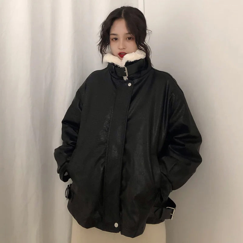 

Женская зимняя куртка из искусственного меха и хлопка, повседневные кожаные куртки больших размеров, утепленная черная женская Свободная в...