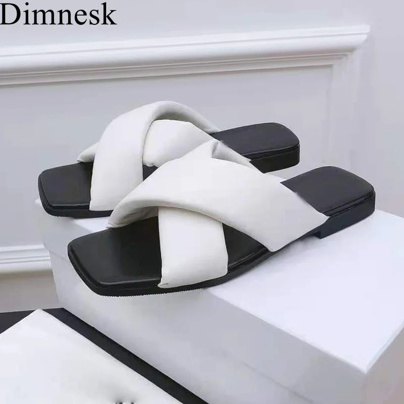 

2021 Flat Square Toe Slippers Women Soft Real Leather Cross Retro Sandals Summer Outdoor Wear Comfort Vacation Shoes For Ladies