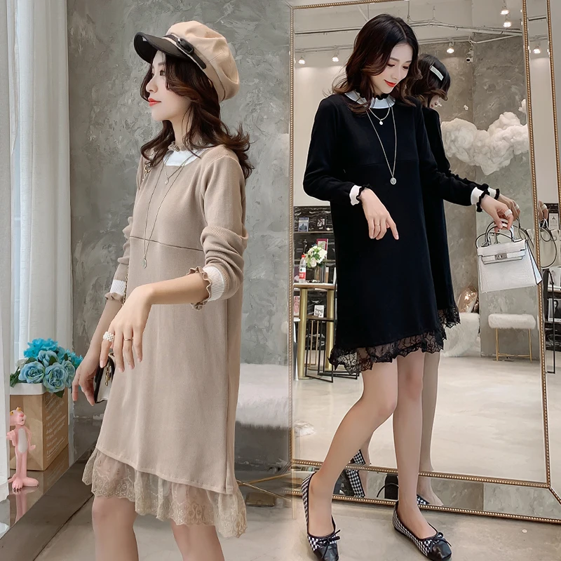 Осень 5156 # корейская мода трикотажное лоскутное кружевное платье для кормящих