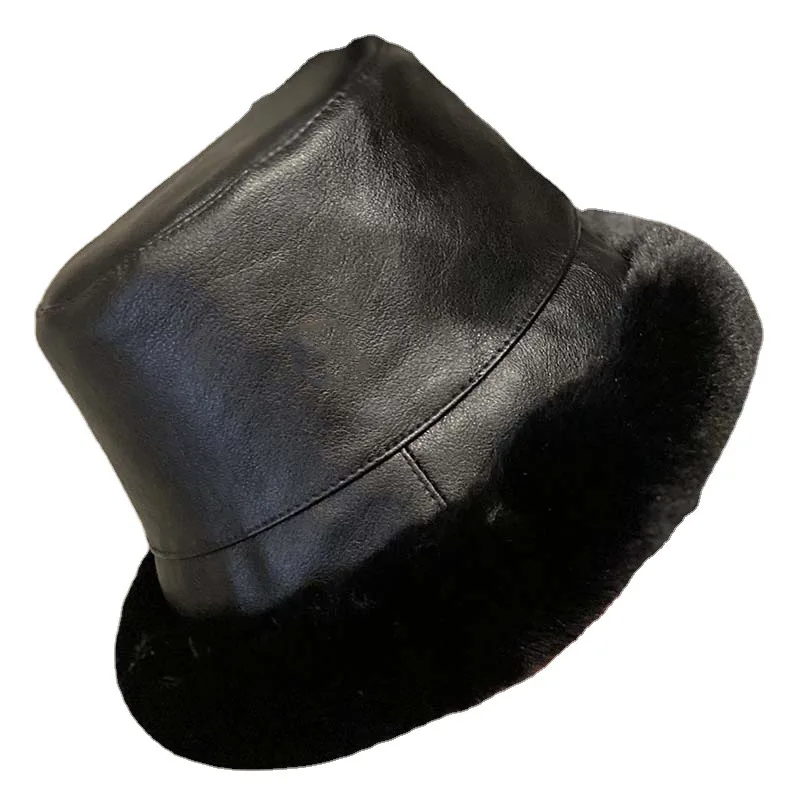 

designer leather fisherman hat female autumn and winter online celebrity plush padded warm basin hat shows a small face