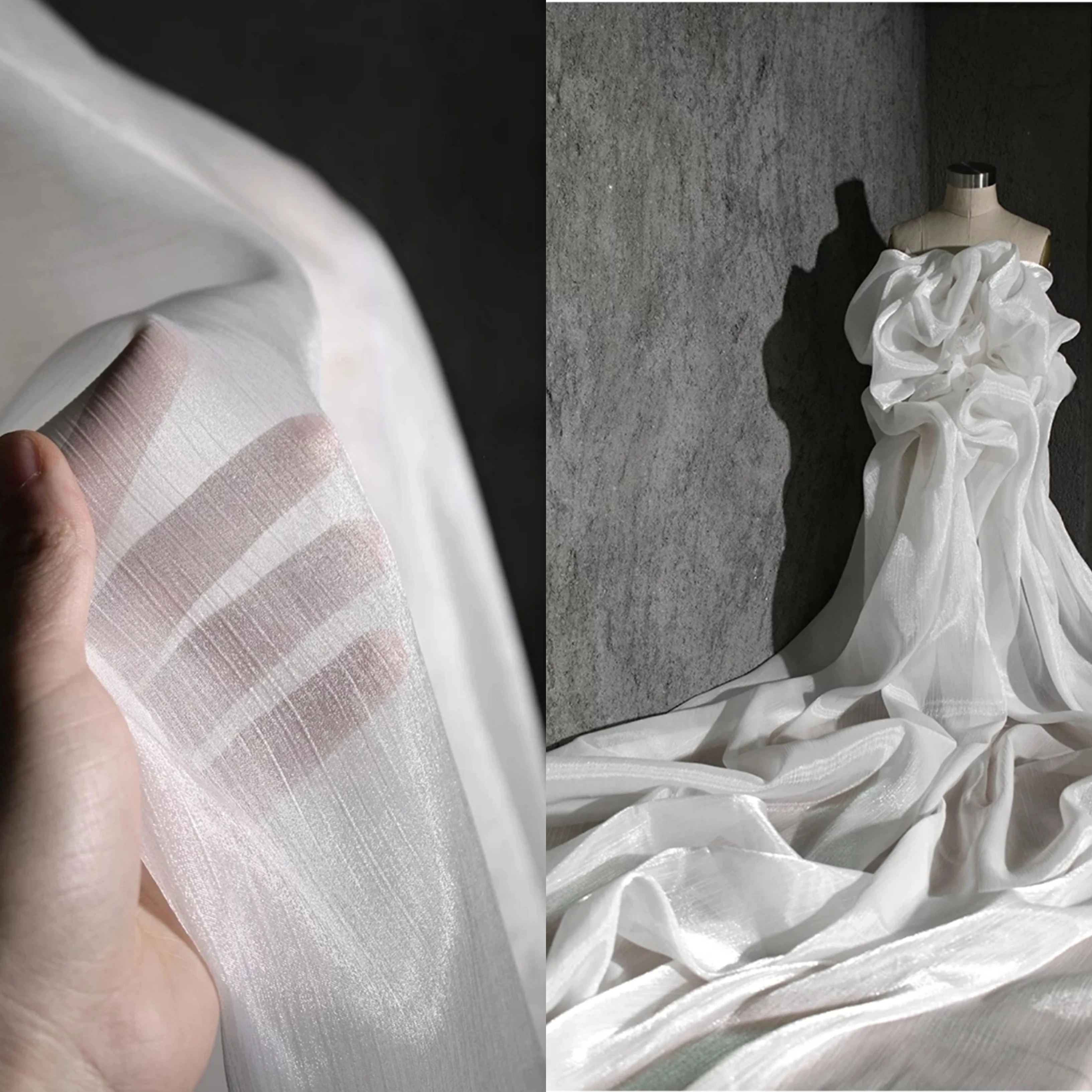 

New Gauze Tulle Fabric Ice Cationic Wrinkled Yarn Streamer Hard Mesh Liquid Silk Designer DIY Wedding Dress Hanfu Fabric Telas