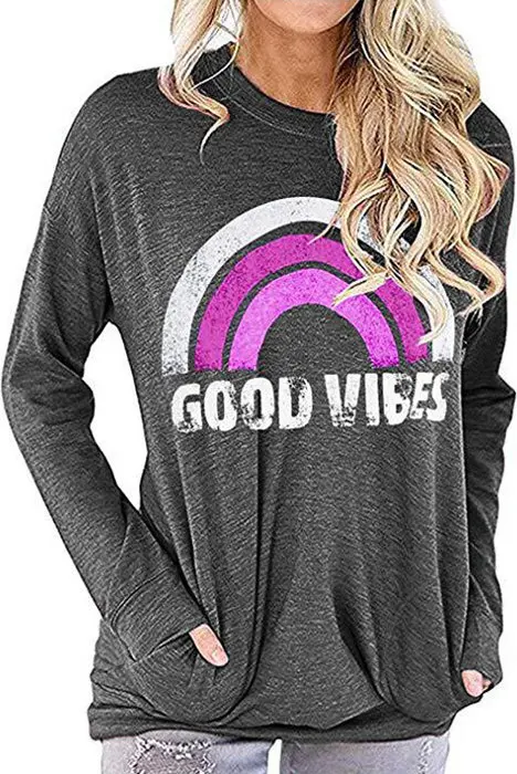 

Women GOOD VIBES Rainbow Pocket Winter Hipster Autumn Shirt Letters Long Sleeve Streetwear T-shirt Funny Tee