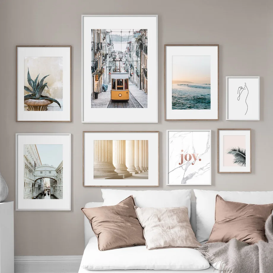 Настенная картина с алоэ пальмовыми листьями мостом автобусом морским пейзажем