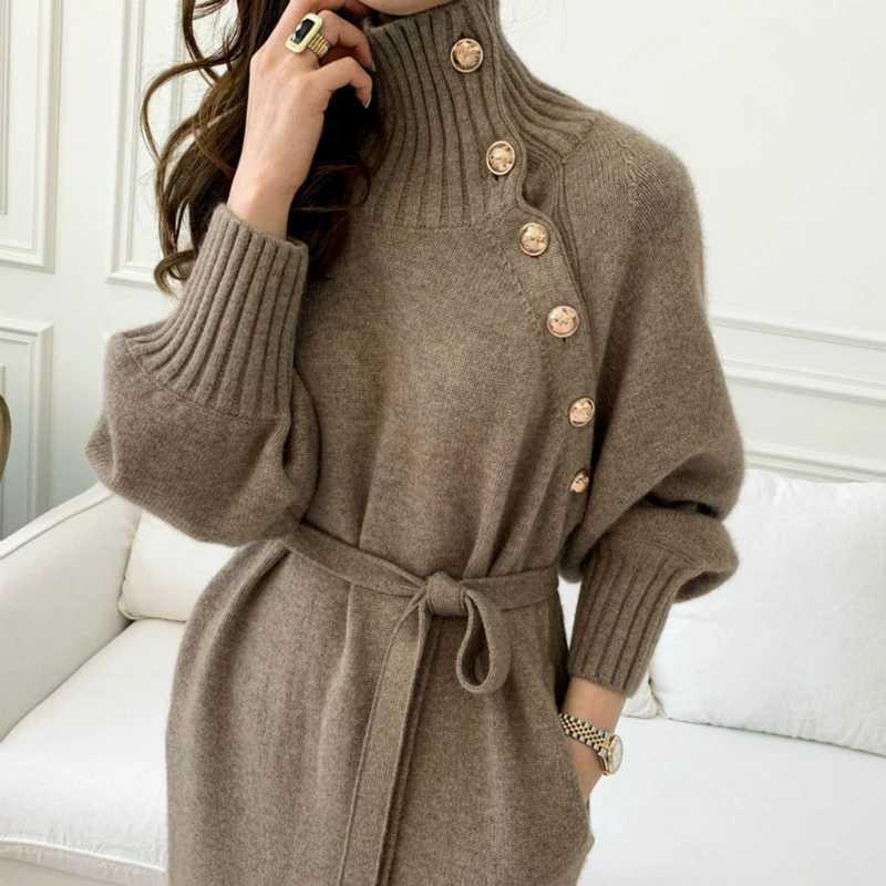 

Women Autumn Winter Elegant Turtleneck Long Knitted Sweater Dress Belt Slanted Buttons Lantern Sleeve Pullover Slim Waist