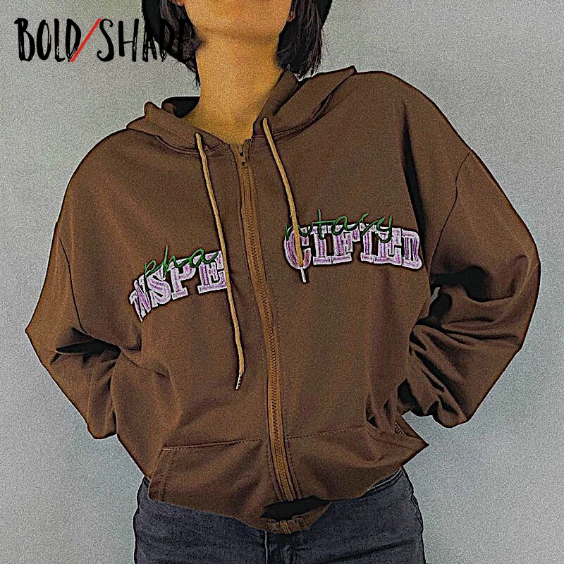 

Bold Shade Fairy Grunge Y2K Hoodies Letter Embroidery Zipper Hooded Oversized Sweatshirts Indie Retro 90s Style Hoodies Winter