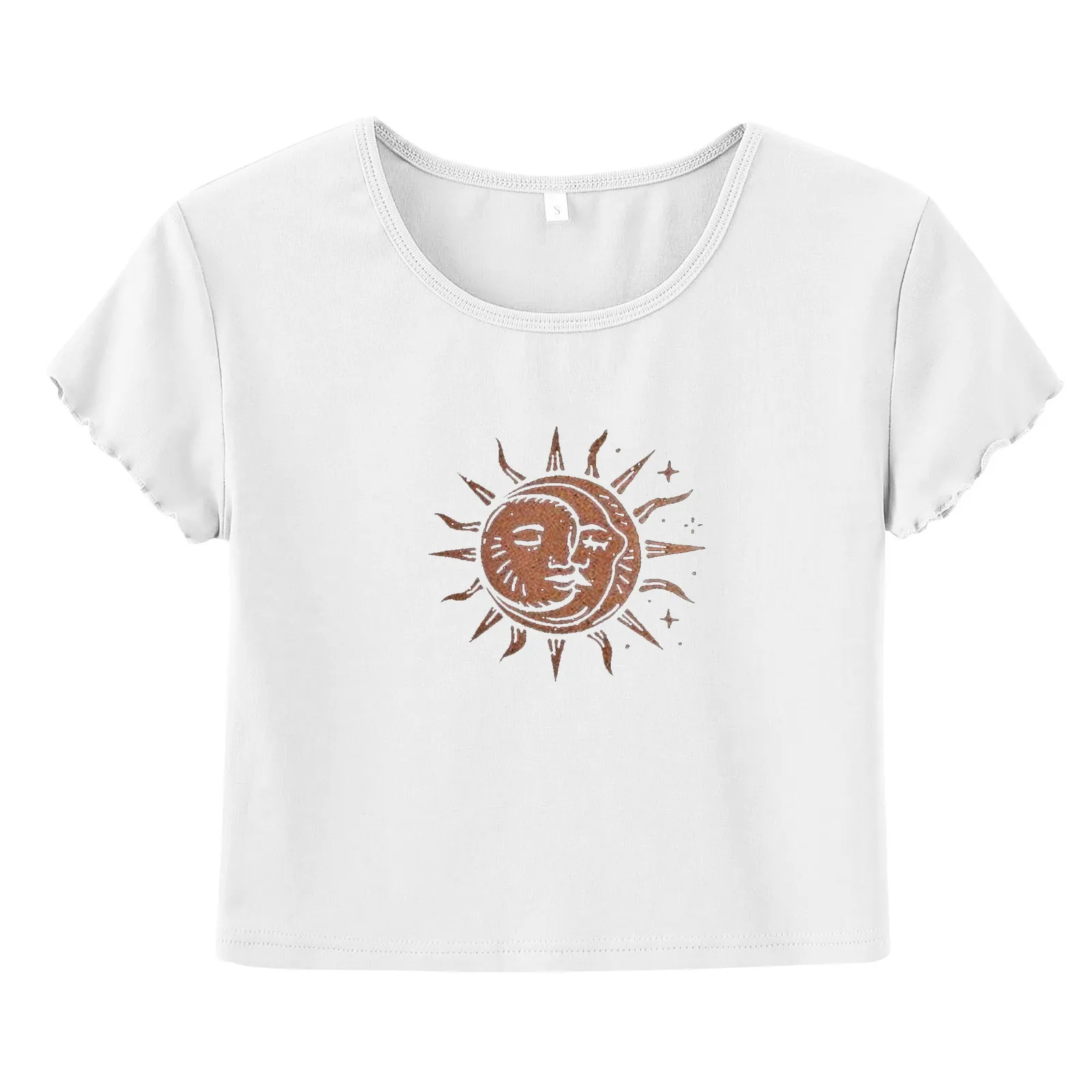 

Slim Fit Short T-shirt Women's Fashion Sun Moon Print Navel T-shirt Short Sleeve Round Neck Top #011